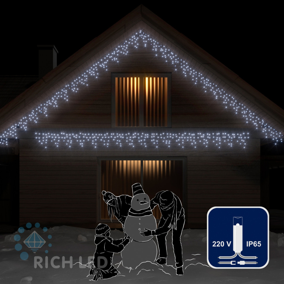 Светодиодная бахрома Rich LED, 3*0.5 м, влагозащитный колпачок, белая, прозрачный провод, арт. RL-i3*0.5-CT/W