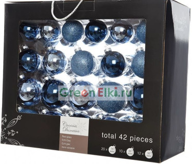 Набор стеклянных шаров Зимнее Небо mix, серебристо-голубые, тёмно-голубые, голубые 42 шт., Kaemingk, арт. 157912