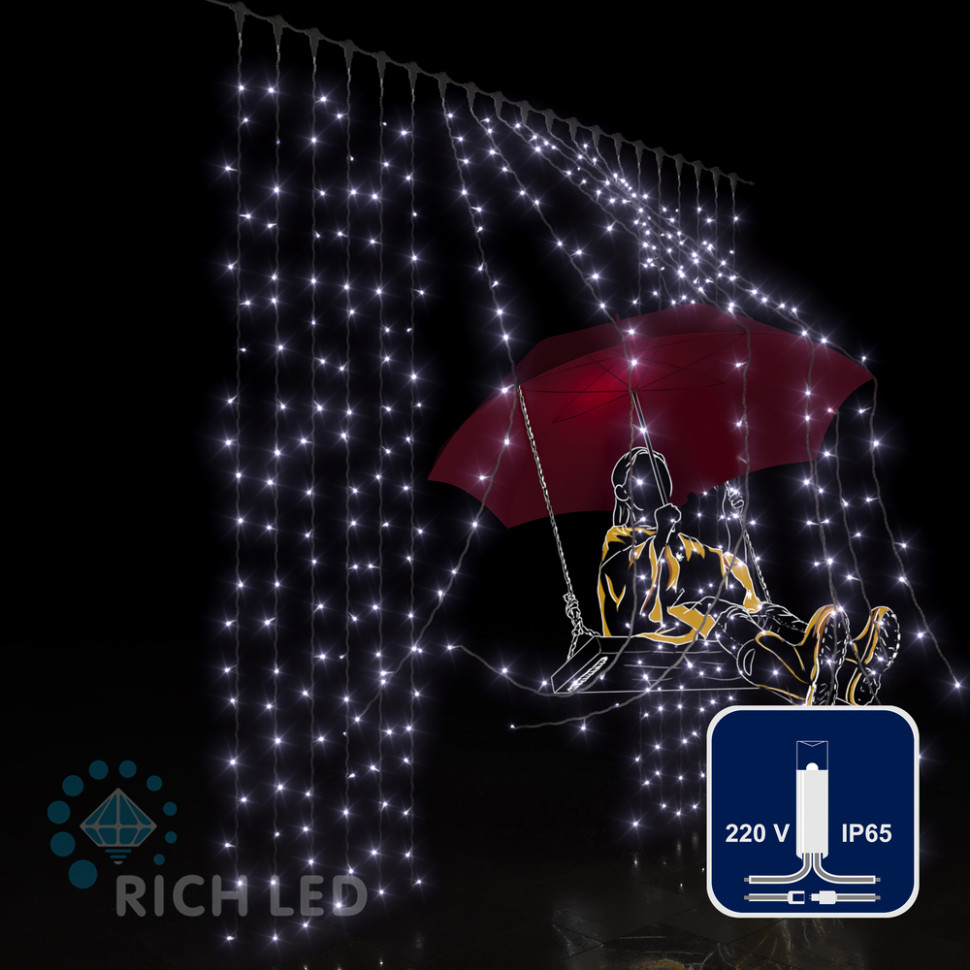 Светодиодный занавес Rich LED 2*2 м, влагозащитный колпачок, белый, прозрачный провод, арт. RL-C2*2-CT/W