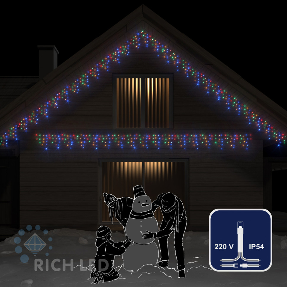 Светодиодная бахрома Rich LED, 3*0.5 м, мульти, мерцающая, прозрачный провод, арт. RL-i3*0.5F-T/M