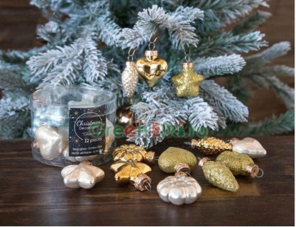 Набор ёлочных украшений Делюкс-Мини-Золотой Перламутр, стекло, глянцевые, эмалевые, 12 шт., Kaemingk, арт. 165528