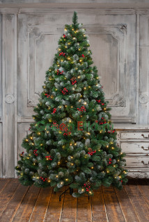 Искусственная сосна Очарование с шишками и красными ягодками заснеженная 210 см., 504 теплых-белых Led ламп, арт. 142210