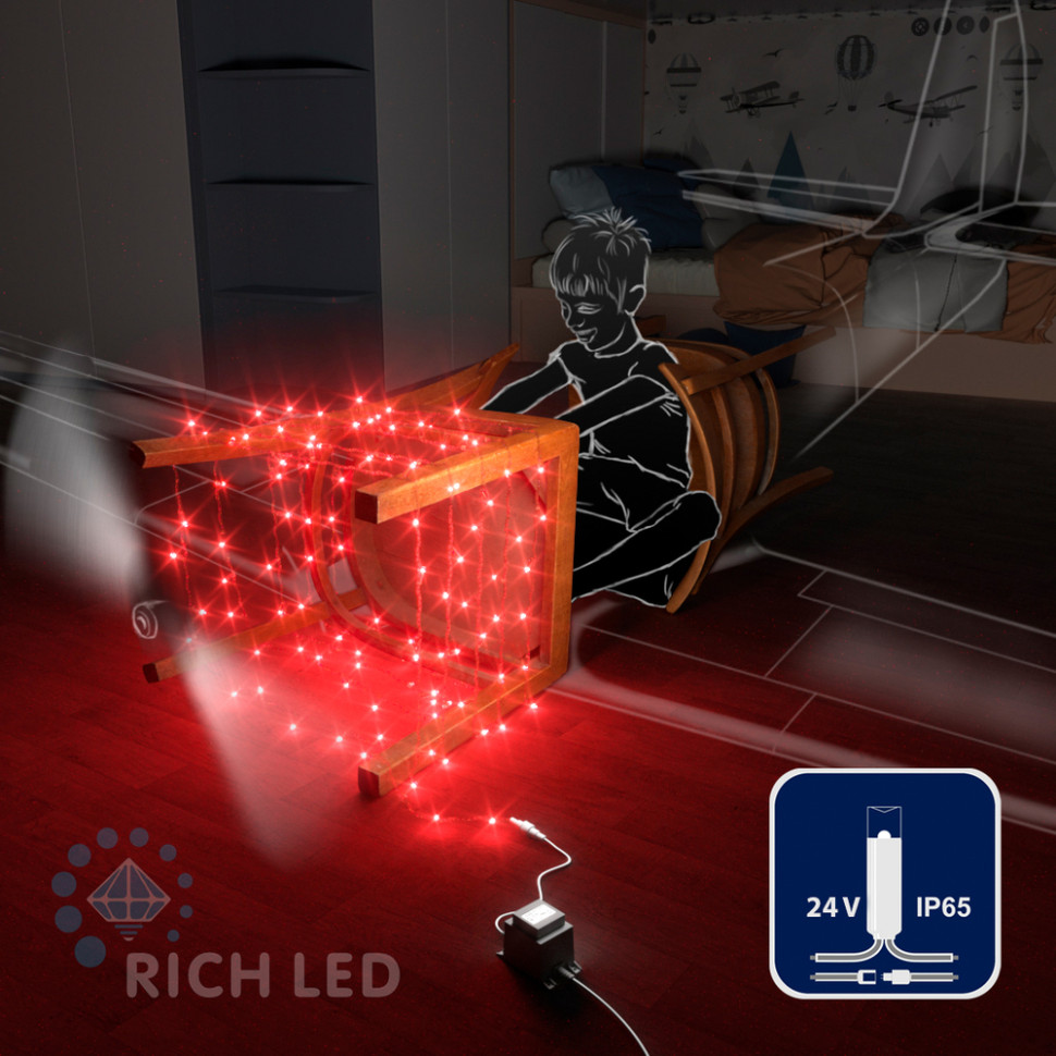 Светодиодная гирлянда Rich LED 10 м, 100 LED, 24В, соединяемая, влагозащитный колпачок, красная, прозрачный провод, арт. RL-S10C-24V-CT/R