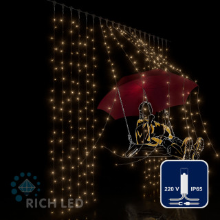 Светодиодный занавес Rich LED 2*2 м, влагозащитный колпачок, тепло-белый, прозрачный провод, арт. RL-C2*2-CT/WW*