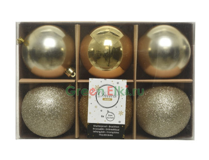 Набор пластиковых шаров New Year MIX 80 мм., золото, шампань, 6 шт., Kaemingk, арт. 023568