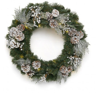 Рождественский венок Элитный, серебро, 60 см., 30 теплых-белых Led ламп, арт. 52099