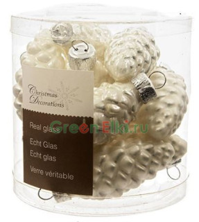 Набор игрушек на елку Шишки стеклянные, эмалевые и матовые, белый, 60 мм., 12 шт., KAEMINGK, арт. 010166