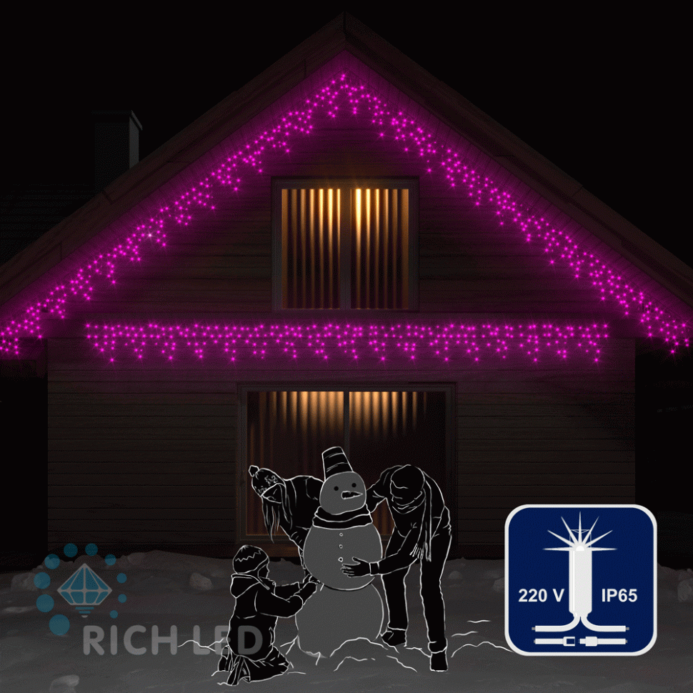 Светодиодная бахрома Rich LED, 3*0.5 м, влагозащитный колпачок, мерцающая, розовая, белый провод, арт. RL-i3*0.5F-CW/P