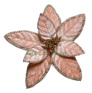 Елочное украшение Пуансеттия канди с узором 29 см., нежно-розовый, серебро, глиттер Kaemingk, арт. 165225