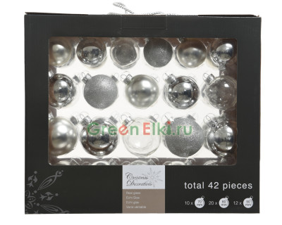 Набор стеклянных шаров Серебряный хит mix, серебряный, 42 шт., Kaemingk, арт. 149251