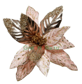 Елочное украшение Пуансеттия канди с золотыми листьями 29 см., нежно-розовый, золото, глиттер Kaemingk, арт. 169408