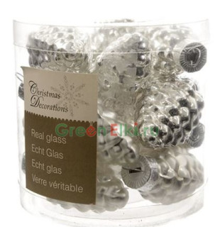 Набор игрушек на елку Шишки стеклянные, эмалевые и матовые, серебро,  60 мм., 12 шт., KAEMINGK, арт. 010165