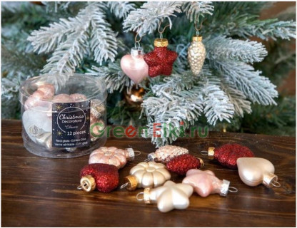 Набор ёлочных украшений Делюкс-Мини-Новогодний Романс, стекло, глянцевые, эмалевые, 12 шт., Kaemingk, арт. 164732
