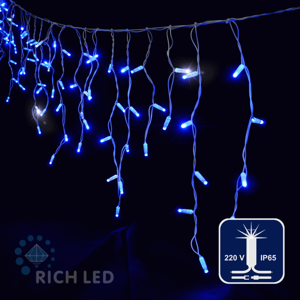 Светодиодная бахрома Rich LED, 3*0.5 м, влагозащитный колпачок, мерцающая, синяя, белый провод, арт. RL-i3*0.5F-CW/B