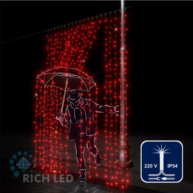 Светодиодный занавес Rich LED 2*3 м, красный, мерцающий, прозрачный провод, арт. RL-C2*3F-T/R