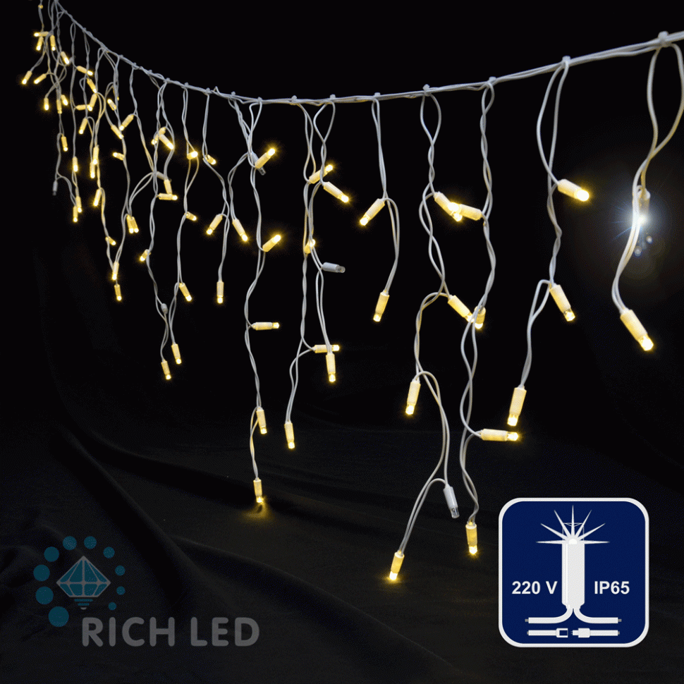 Светодиодная бахрома Rich LED, 3*0.5 м, влагозащитный колпачок, мерцающая, теплая белая, белый провод, арт. RL-i3*0.5F-CW/WW