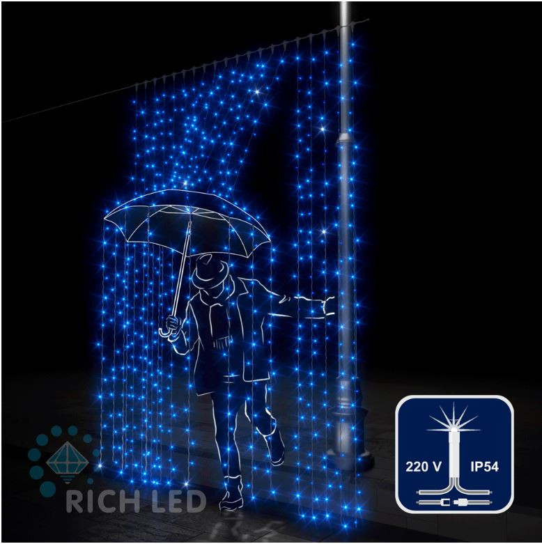 Светодиодный занавес Rich LED 2*3 м, синий, мерцающий, прозрачный провод, арт. RL-C2*3F-T/B