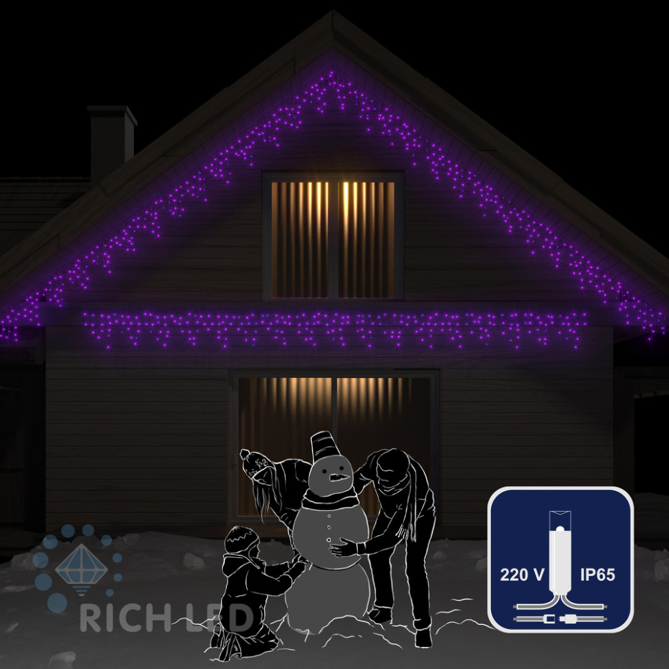 Светодиодная бахрома Rich LED, 3*0.5 м, влагозащитный колпачок, мерцающая, фиолетовая, белый провод, арт. RL-i3*0.5F-CW/V