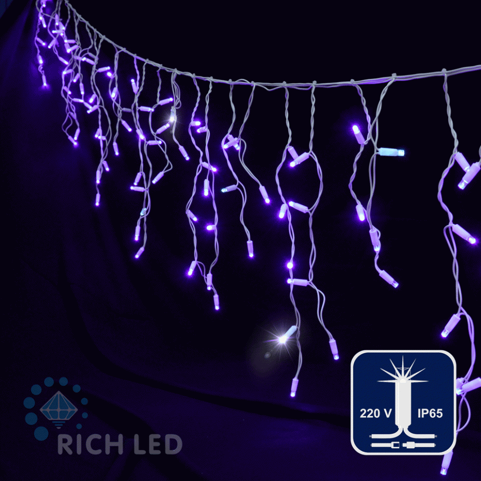 Светодиодная бахрома Rich LED, 3*0.5 м, влагозащитный колпачок, мерцающая, фиолетовая, белый провод, арт. RL-i3*0.5F-CW/V