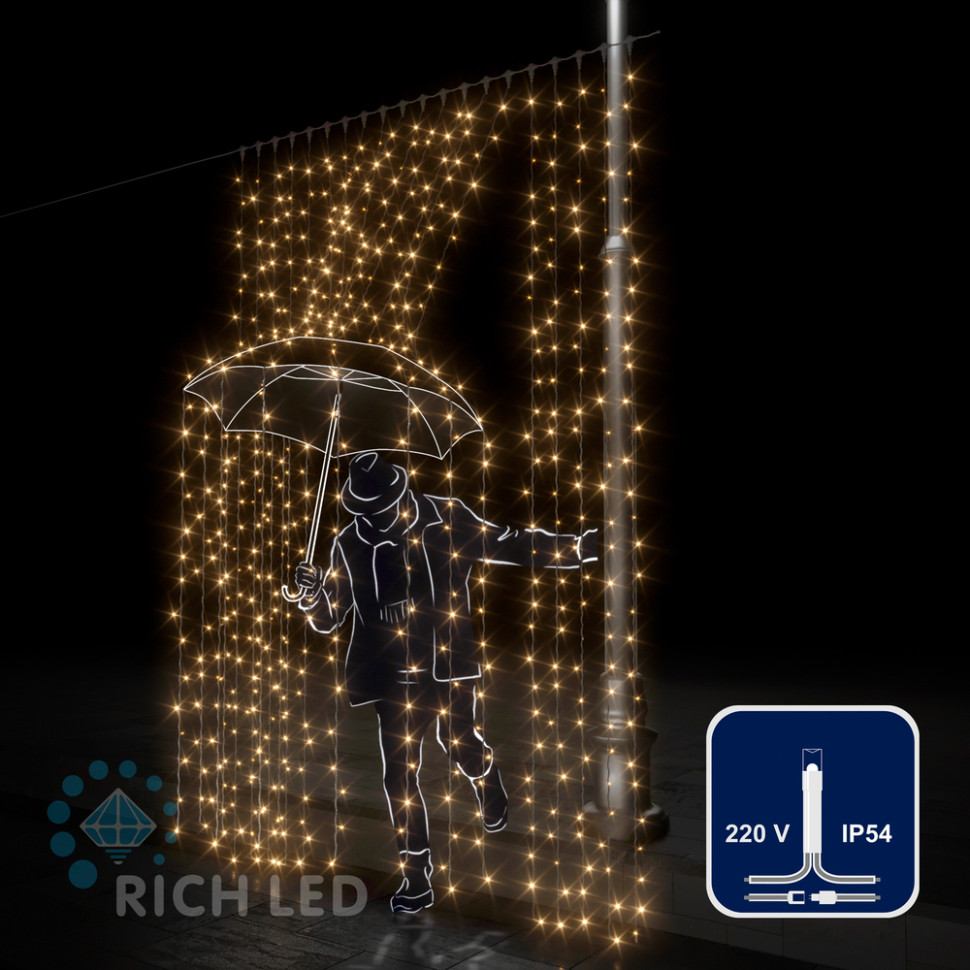 Светодиодный занавес Rich LED 2*3 м, белый теплый, прозрачный провод, арт. RL-C2*3-T/WW