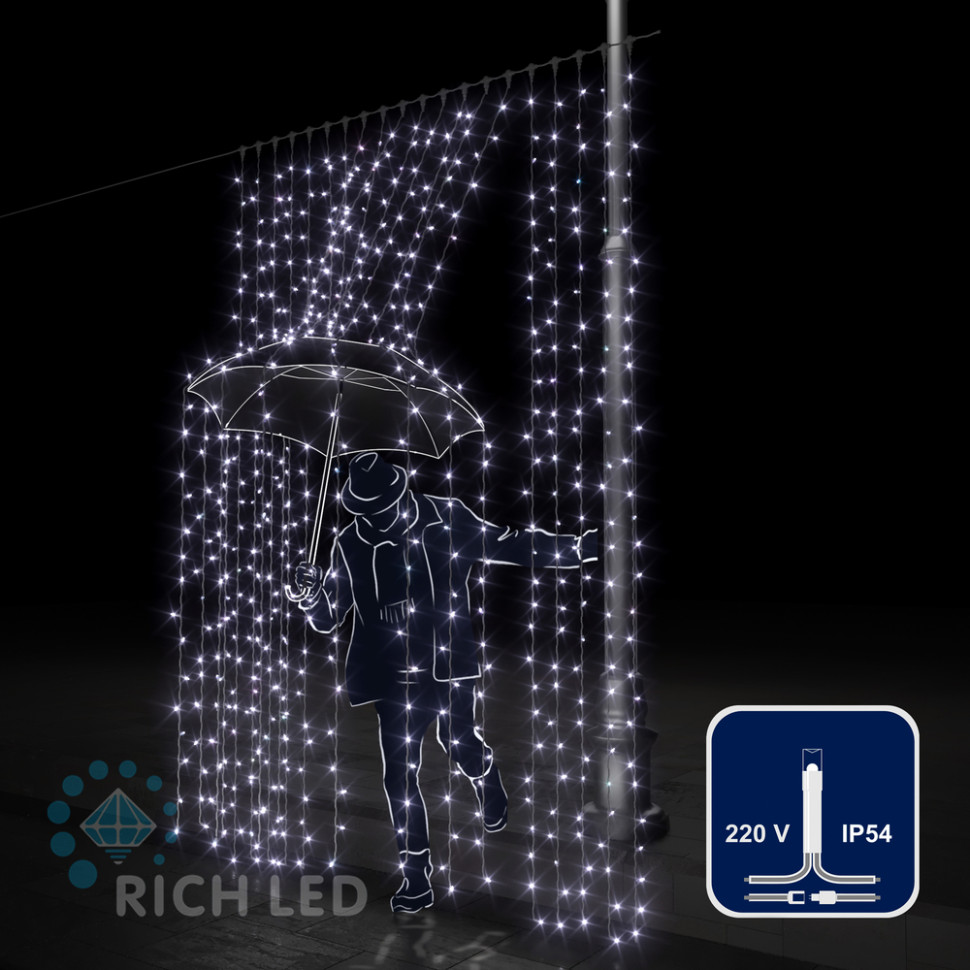 Светодиодный занавес Rich LED 2*3 м, белый, прозрачный провод, арт. RL-C2*3-T/W