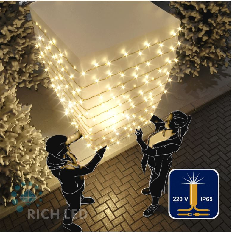 Светодиодная гирлянда Rich LED 10 м, 100 LED, 220 В, соединяемая, влагозащитный колпачок, теплая белая, мерцающая, золотой провод, арт. RL-S10CF-220V-CGd/WW