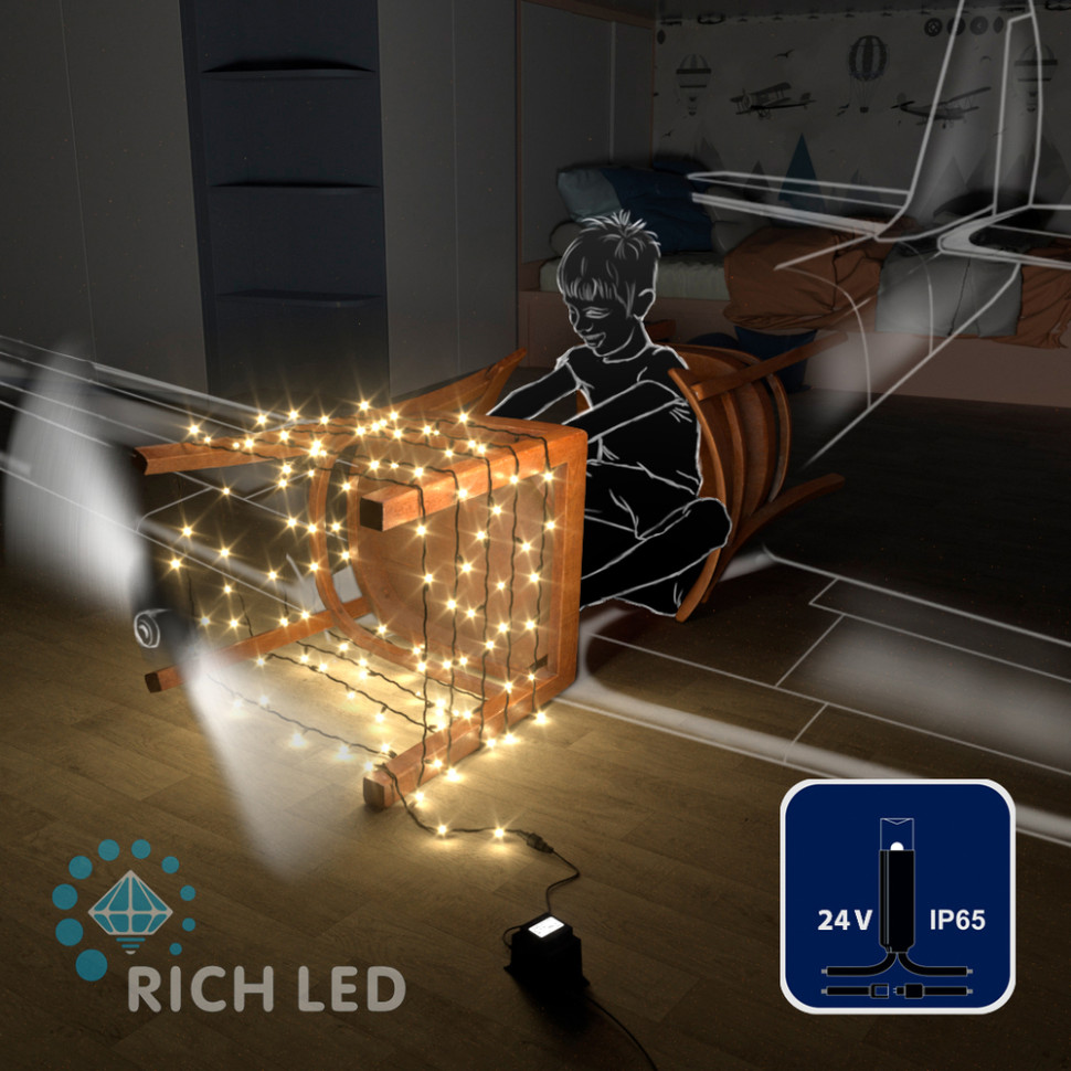 Светодиодная гирлянда Rich LED 10 м, 100 LED, 24В, соединяемая, влагозащитный колпачок, теплая белая, черный провод, арт. RL-S10C-24V-CB/WW