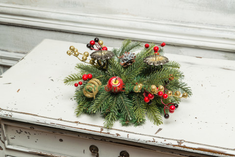 Хвойное украшение подсвечник Богемия 35 см. - 2 свечки, 30 теплых белых Led ламп, арт. 52037