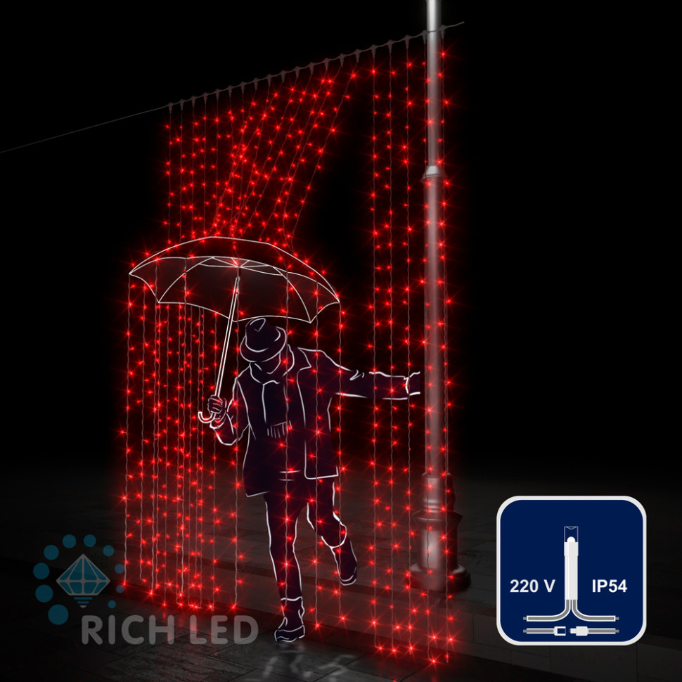 Светодиодный занавес Rich LED 2*3 м, красный, прозрачный провод, арт. RL-C2*3-T/R