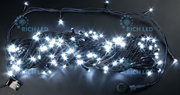 Светодиодная гирлянда Rich LED 20 м 2-канальная, 200 LED, 220 В, белая, черный провод, соединяемая, арт. RL-T20C2-B/W