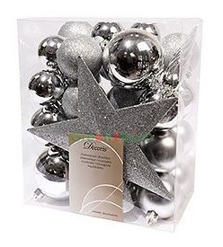 Набор елочных украшений с макушкой Звездный наряд, 33 шт., серебро, Kaemingk, арт. 023371