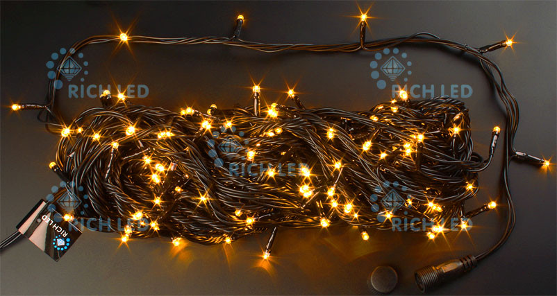 Светодиодная гирлянда Rich LED 20 м 2-канальная, 200 LED, 220 В, желтая, черный провод, соединяемая, арт. RL-T20C2-B/Y