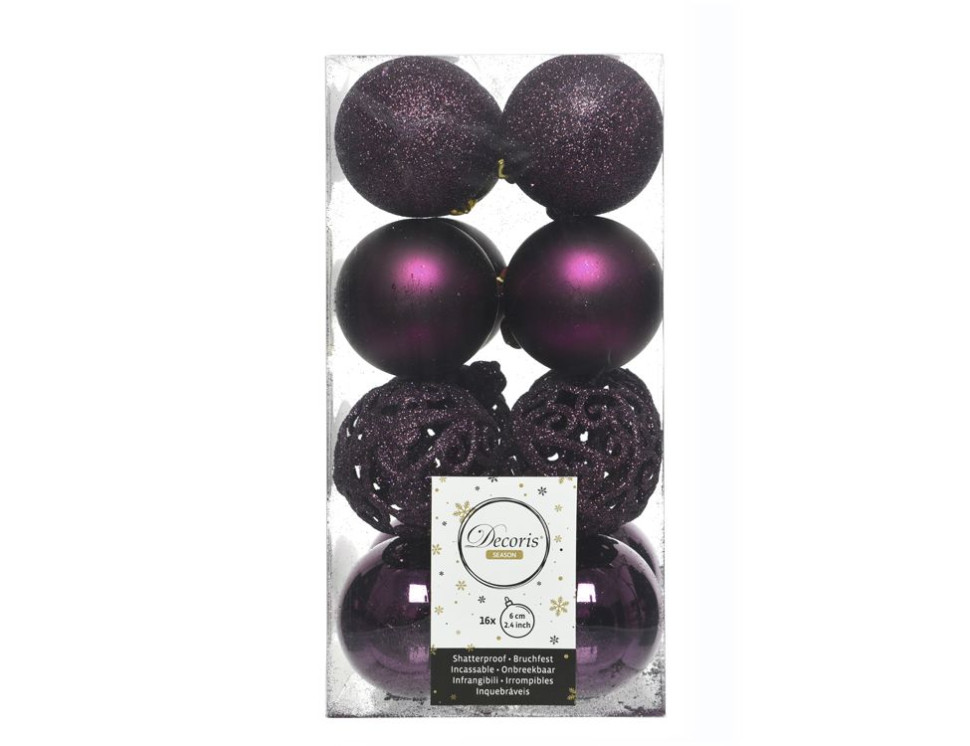 Набор пластиковых шаров Белль 60 мм., сливовый, 16 шт., Kaemingk, арт. 020889