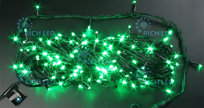 Светодиодная гирлянда Rich LED 20 м 2-канальная, 200 LED, 220 В, зеленая, черный провод, соединяемая, арт. RL-T20C2-B/G