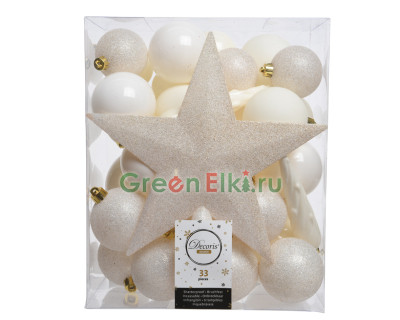 Набор елочных украшений с макушкой Звездный наряд, 33 шт., белый пух, KAEMINGK, арт. 023377