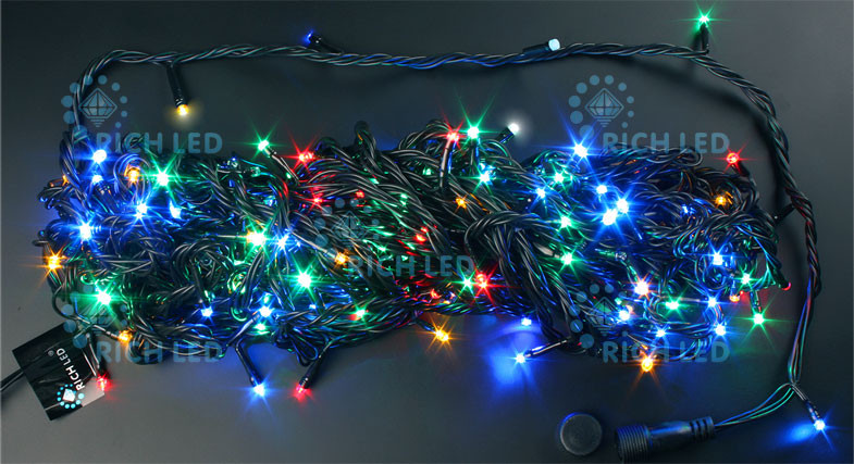 Светодиодная гирлянда Rich LED 20 м 2-канальная, 200 LED, 220 В, мульти, черный провод, соединяемая, арт. RL-T20C2-B/M