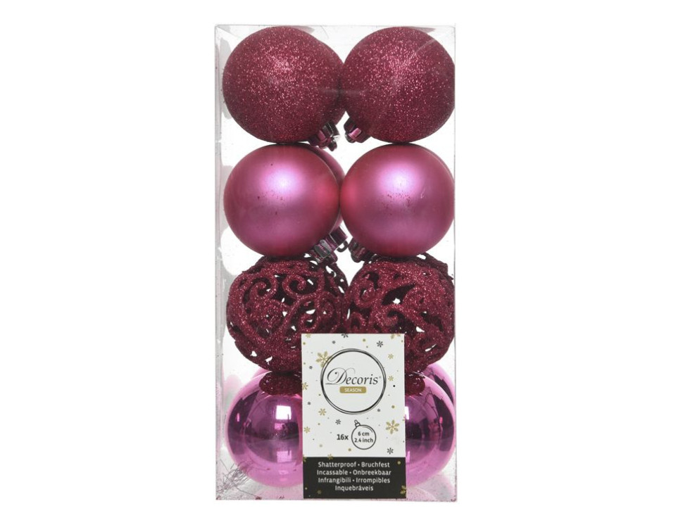 Набор пластиковых шаров Белль 60 мм., малиновый, 16 шт., Kaemingk, арт. 020895