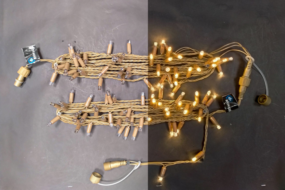 Светодиодная гирлянда Rich LED 10 м, 100 LED, 220 В, соединяемая, влагозащитный колпачок, двойная изоляция, теплая белая, бронзовый провод, арт. RL-S10C-220V-C2Bz/WW