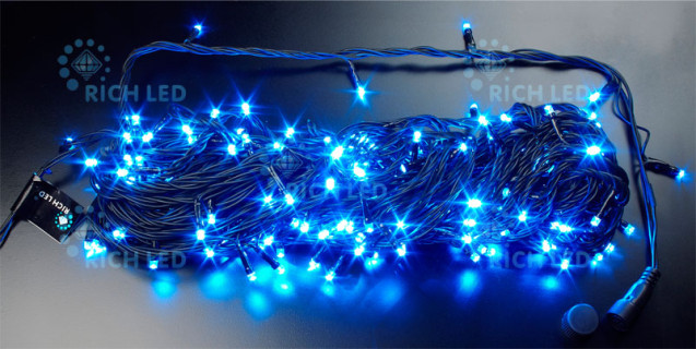 Светодиодная гирлянда Rich LED 20 м 2-канальная, 200 LED, 220 В, синяя, черный провод, соединяемая, арт. RL-T20C2-B/B