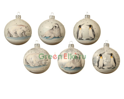 Набор стеклянных шаров Полярная сказка mix, 80 мм., 6 шт., с рисунком, Kaemingk, арт. 165075