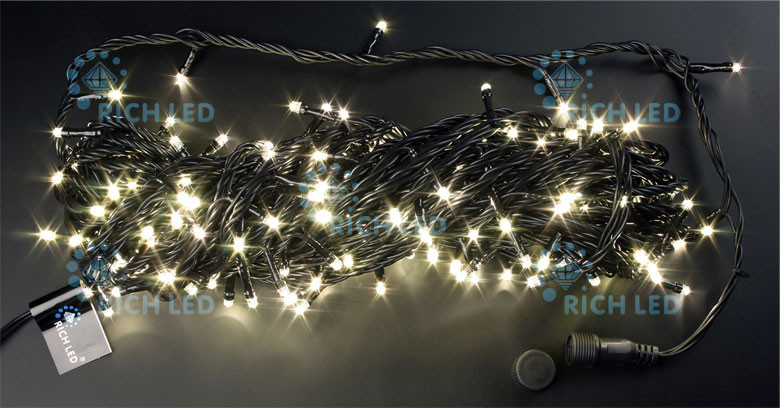 Светодиодная гирлянда Rich LED 20 м 2-канальная, 200 LED, 220 В, теплая белая, черный провод, соединяемая, арт. RL-T20C2-B/WW