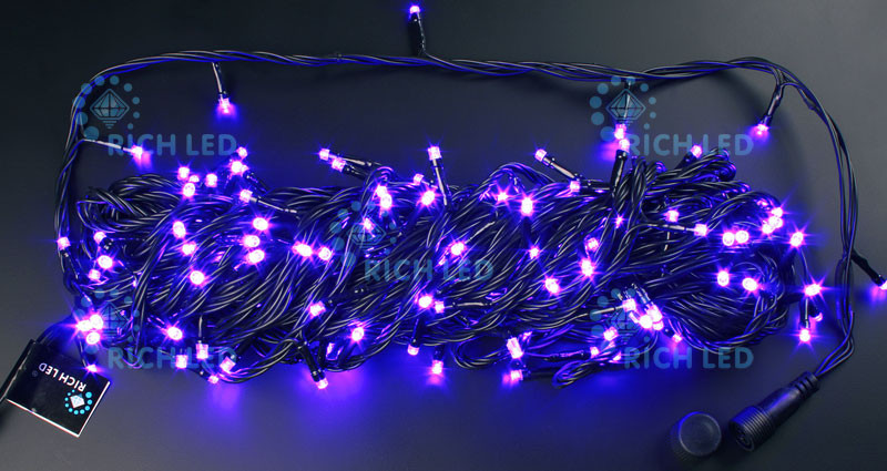 Светодиодная гирлянда Rich LED 20 м 2-канальная, 200 LED, 220 В, фиолетовая, черный провод, соединяемая, арт. RL-T20C2-B/V