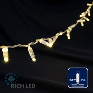 Светодиодная гирлянда Rich LED 5 м, 72 LED, 220 В, не соединяемая, влагозащитный колпачок, теплая белая, прозрачный провод, арт. RL-S5N-72L-220V-CT/WW
