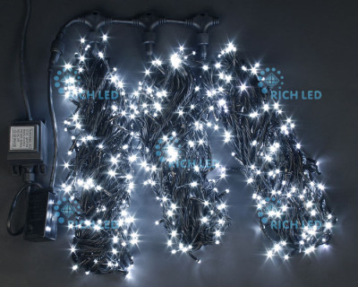 Светодиодная гирлянда Rich LED 3 Нити по 20 м с 2-х канальным контр., 600 LED, 24 В, белая, черный провод, арт. RL-T3*20N2-B/W