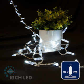 Светодиодная гирлянда Rich LED 7 м, 72 LED, 220 В, не соединяемая, влагозащитный колпачок, белая, прозрачный провод, арт. RL-S7N-72L-220V-CT/W