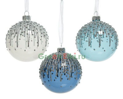 Набор стеклянных шаров Ночная Арктика 80 мм., белый, синий, голубой, 6 шт., Kaemingk, арт. 165015