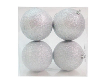 Набор однотонных пластиковых шаров, глиттер, серебро, 100 мм, 4 шт.