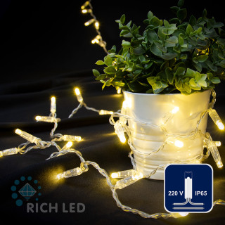 Светодиодная гирлянда Rich LED 7 м, 72 LED, 220 В, не соединяемая, влагозащитный колпачок, теплая белая, прозрачный провод, арт. RL-S7N-72L-220V-CT/WW
