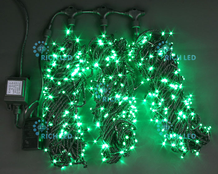 Светодиодная гирлянда Rich LED 3 Нити по 20 м с 2-х канальным контр., 600 LED, 24 В, зеленая, черный провод, арт. RL-T3*20N2-B/G