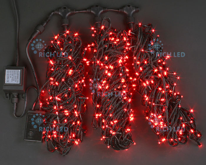 Светодиодная гирлянда Rich LED 3 Нити по 20 м с 2-х канальным контр., 600 LED, 24 В, красная, черный провод, арт. RL-T3*20N2-B/R